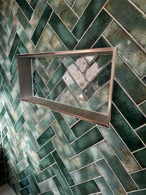 Herringbone bathroom renovation with green tiles, St Albans
