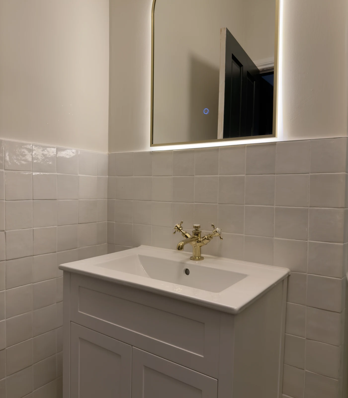 Shaker vanity, countertop basin and backlit mirror, bathroom installation Hitchin